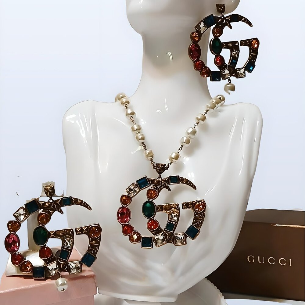 Vintage multicolored, crystal rhinestone, Gucci, necklace and earring set